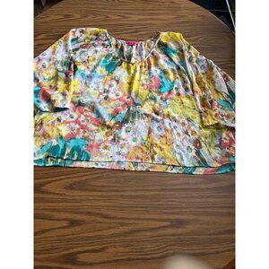 Sunny Leigh yellow blue pink v-neck three quarter sleeved sheer top size XL